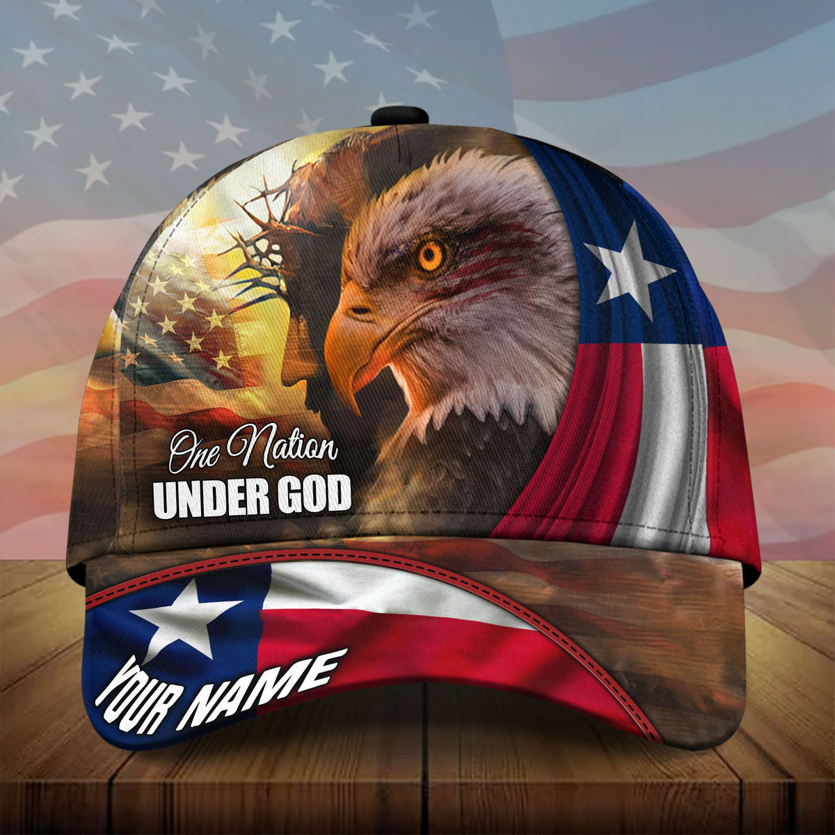 3D eagle baseball cap with 'One Nation Under God' and 'YOUR NAME' front patch