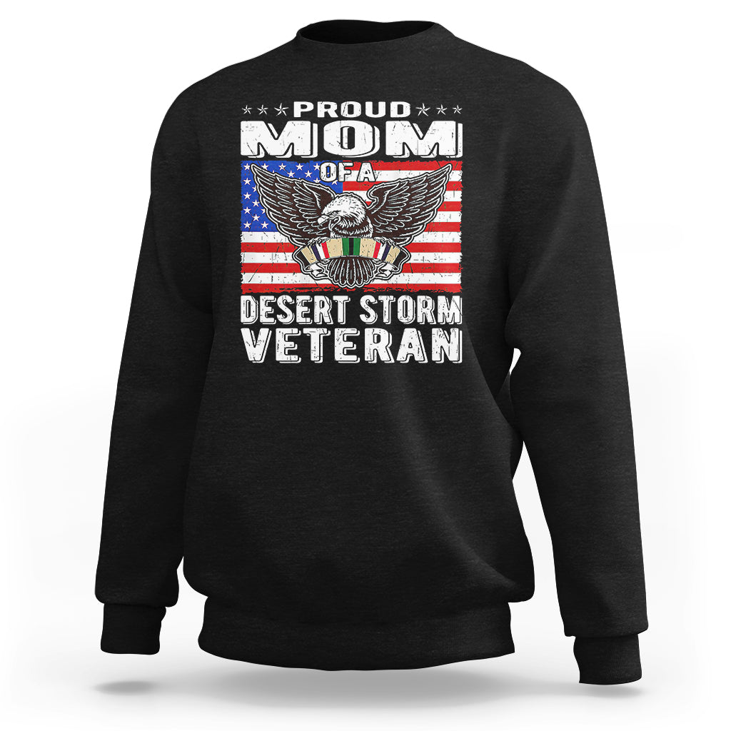 Black sweatshirt with “Proud Mom” “Desert Storm Veteran” eagle graphic, crewneck.