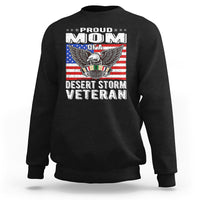 Black sweatshirt with “Proud Mom” “Desert Storm Veteran” eagle graphic, crewneck.