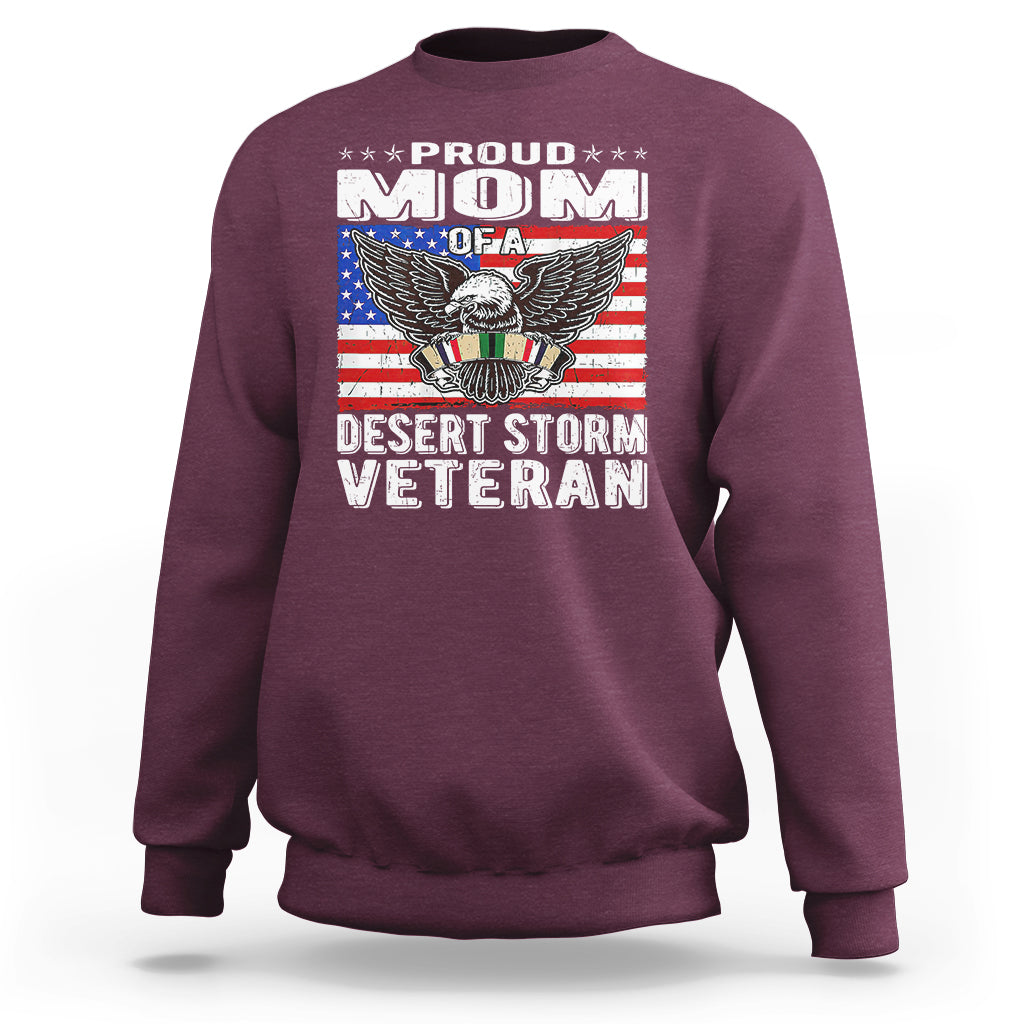 Maroon sweatshirt with “Proud Mom” “Desert Storm Veteran” eagle graphic, crewneck.