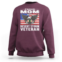 Maroon sweatshirt with “Proud Mom” “Desert Storm Veteran” eagle graphic, crewneck.