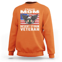 Orange sweatshirt with “Proud Mom” “Desert Storm Veteran” eagle graphic, crewneck.
