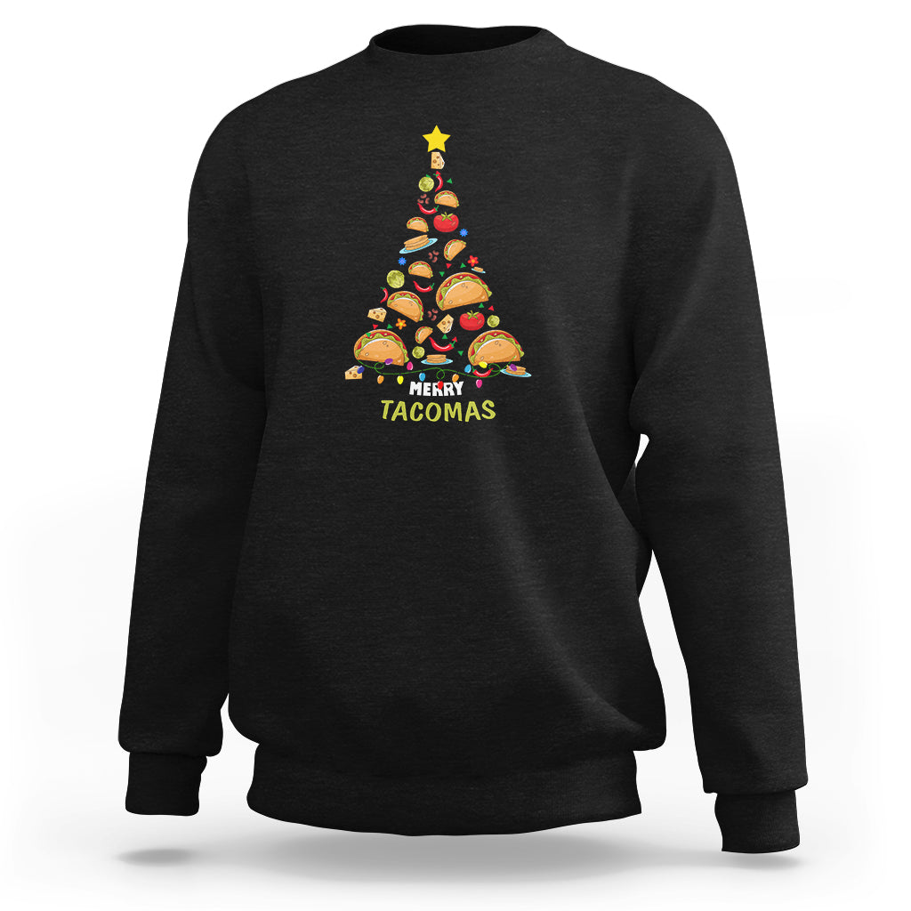 Black crewneck sweatshirt with taco Christmas tree graphic, 'Merry Tacomas'