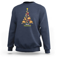 Navy crewneck sweatshirt with taco Christmas tree graphic, 'Merry Tacomas'