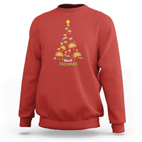 Red crewneck sweatshirt with taco Christmas tree graphic, 'Merry Tacomas'