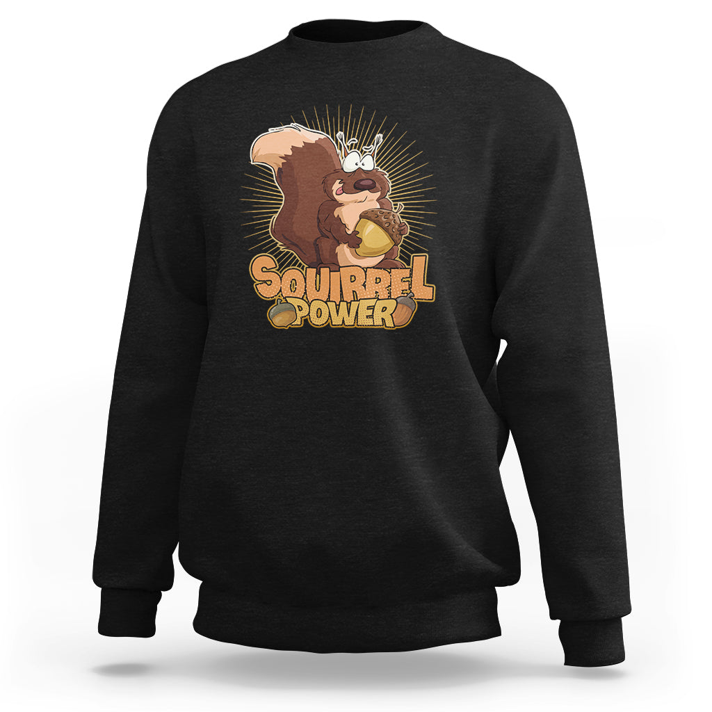 Black sweatshirt with 'Squirrel Power' squirrel graphic, crew neck, long sleeves.