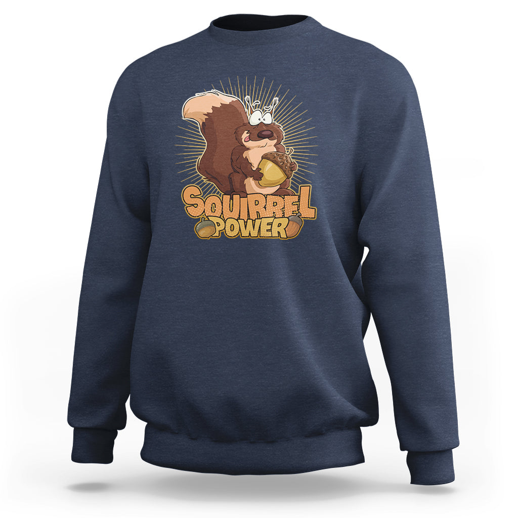 Navy sweatshirt with 'Squirrel Power' squirrel graphic, crew neck, long sleeves.