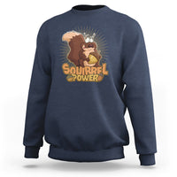 Navy sweatshirt with 'Squirrel Power' squirrel graphic, crew neck, long sleeves.