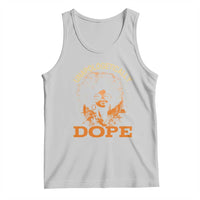 Light gray women's tank top with orange 'DOPE' and portrait graphic print