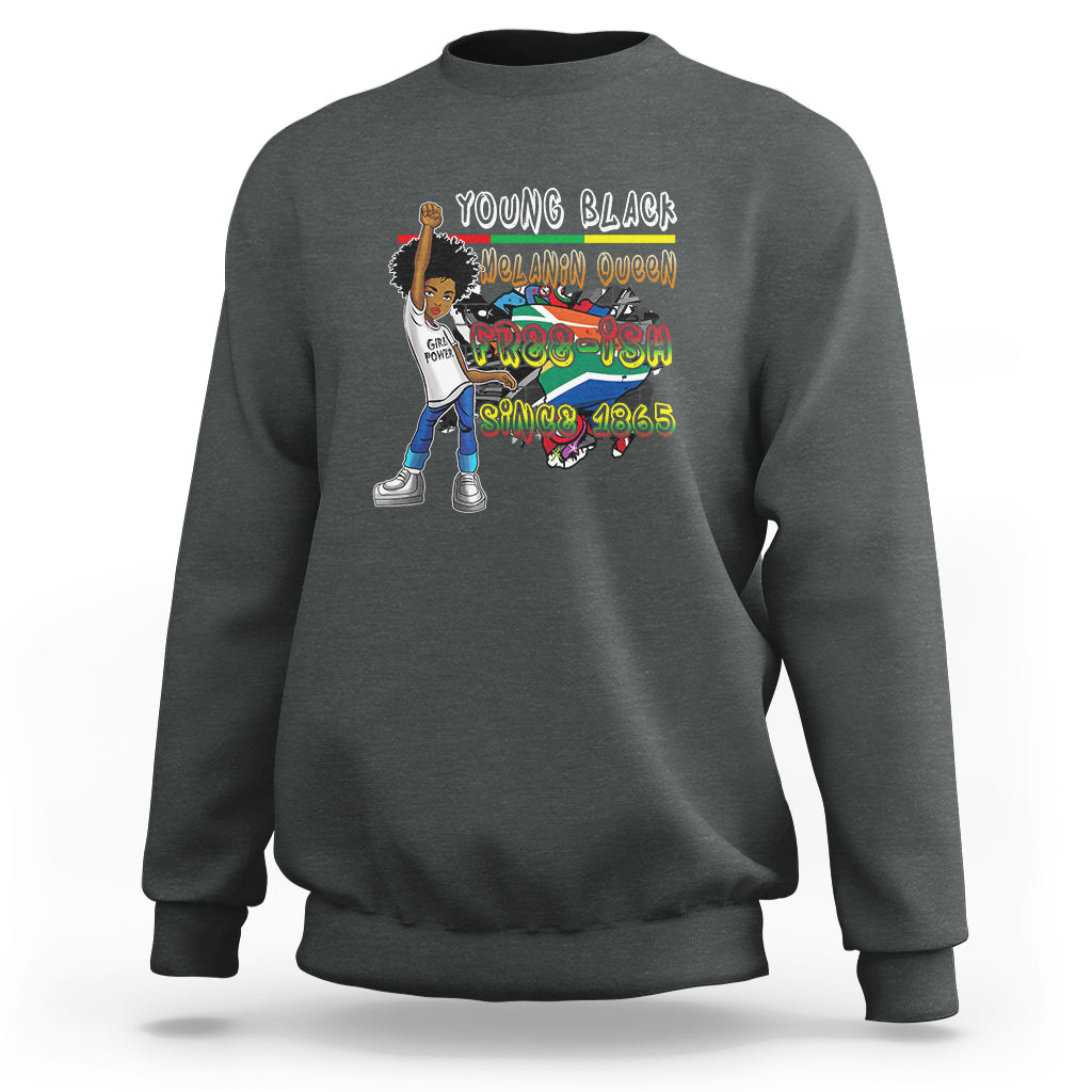 Charcoal crewneck sweatshirt with colorful front graphic, long sleeves and ribbed cuffs.