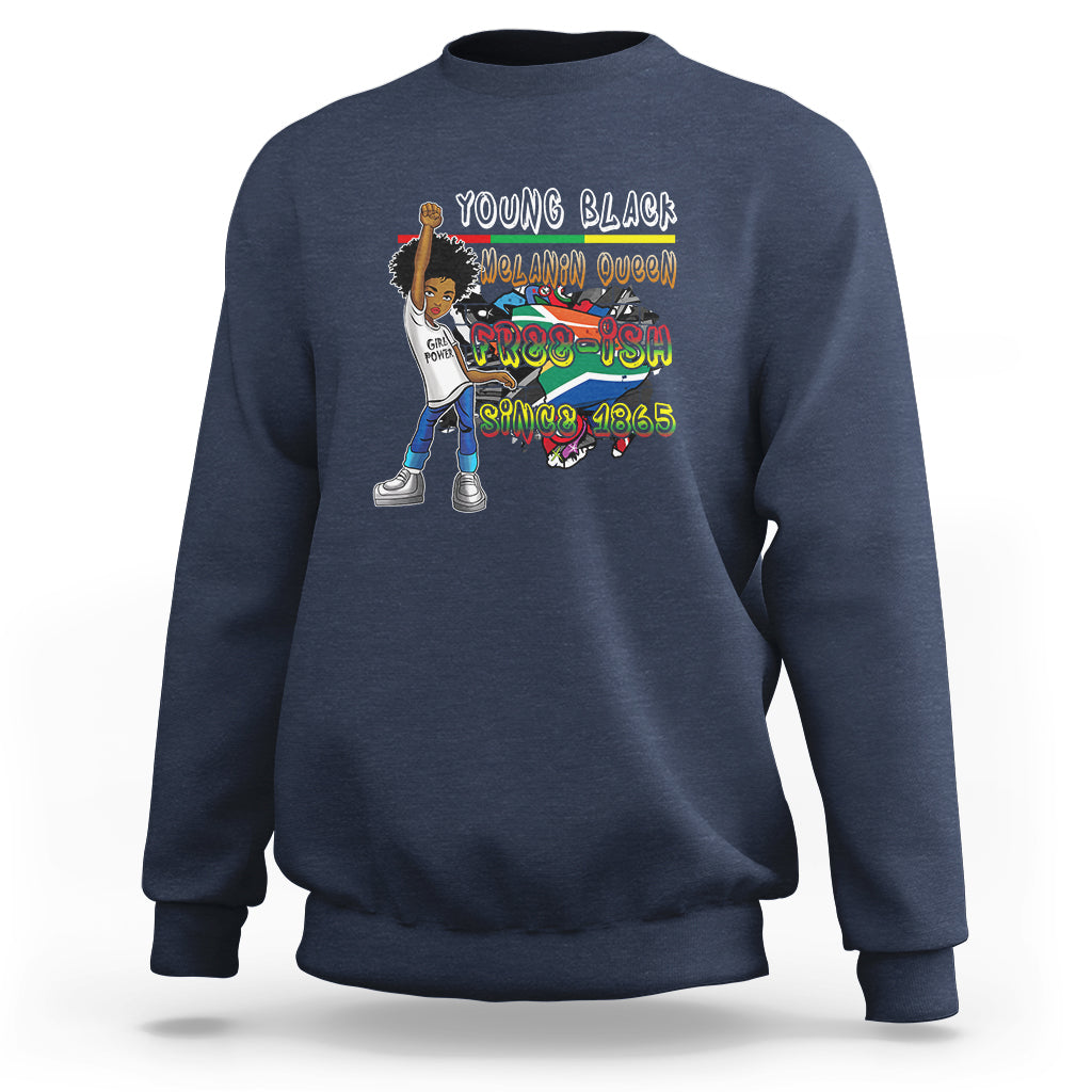 Navy crewneck sweatshirt with colorful front graphic, long sleeves and ribbed cuffs.