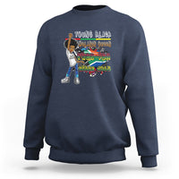 Navy crewneck sweatshirt with colorful front graphic, long sleeves and ribbed cuffs.