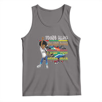 Gray scoop-neck graphic tank top with colorful characters print on front