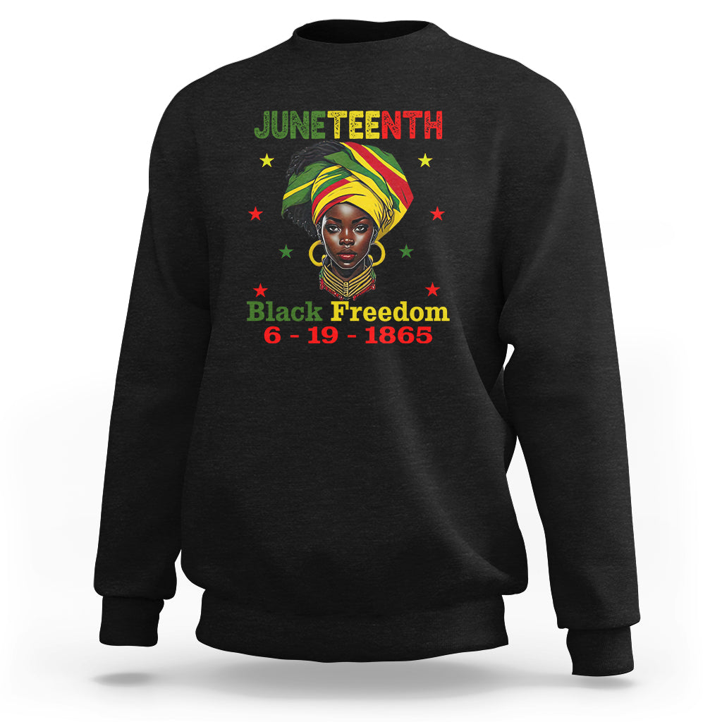 Black crewneck sweatshirt with Juneteenth and Black Freedom 6-19-1865 graphic