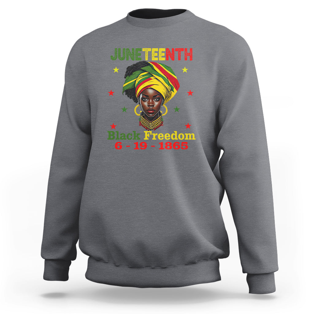 Dark heather gray crewneck sweatshirt with Juneteenth and Black Freedom 6-19-1865 graphic