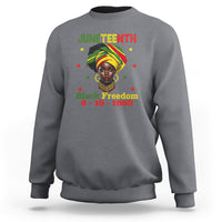 Dark heather gray crewneck sweatshirt with Juneteenth and Black Freedom 6-19-1865 graphic