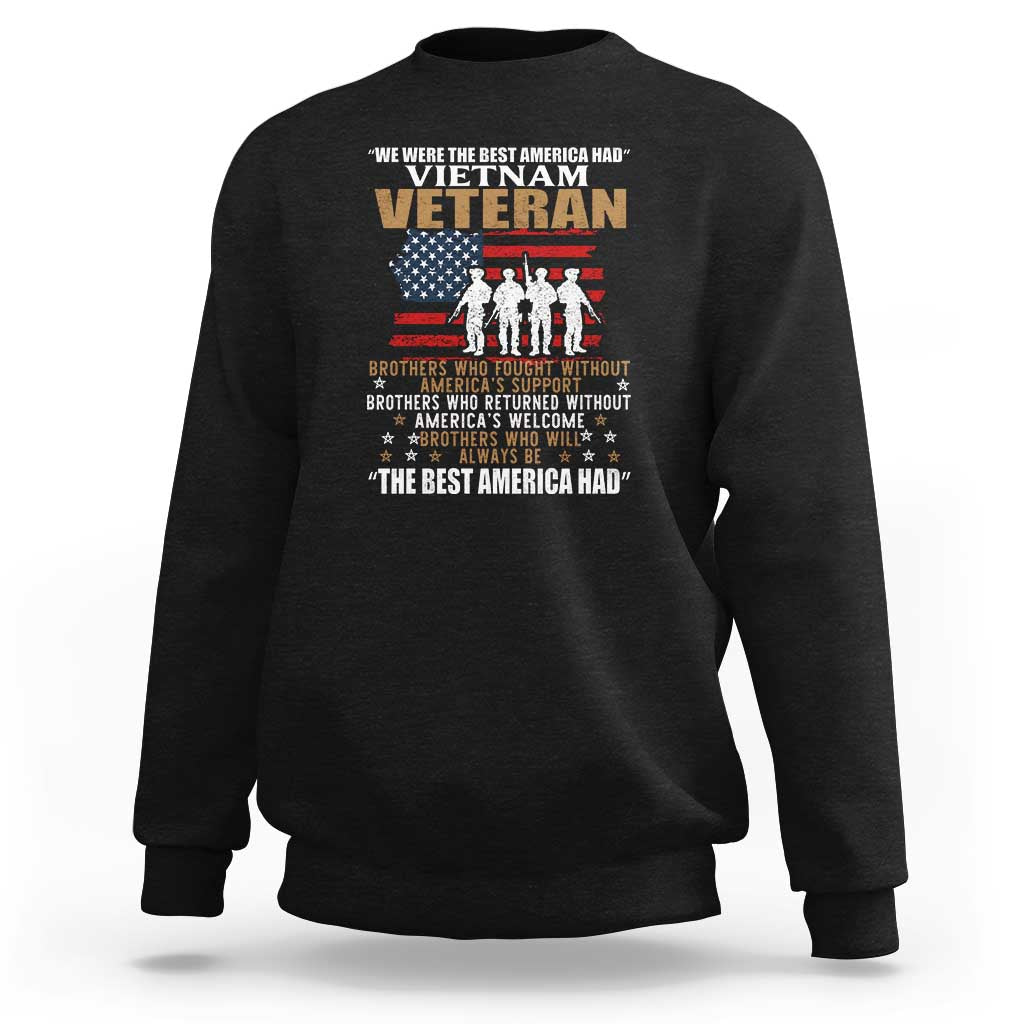 Vietnam veteran sweatshirt, black, back graphic with US flag and soldier group text.