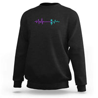 Black crewneck sweatshirt with left-chest ECG heartbeat and teal semicolon-style graphic