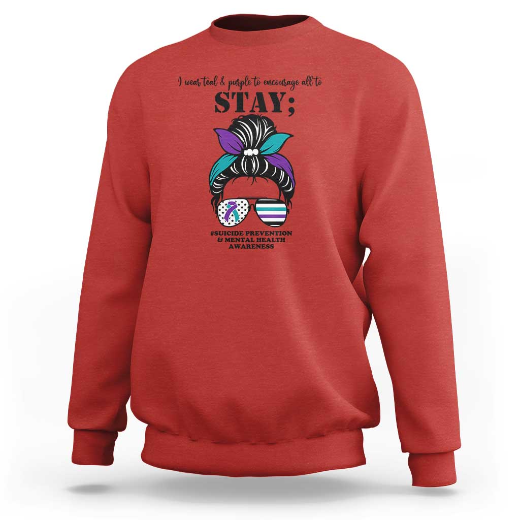 Red mental health support sweatshirt with “STAY” text and messy bun awareness graphic