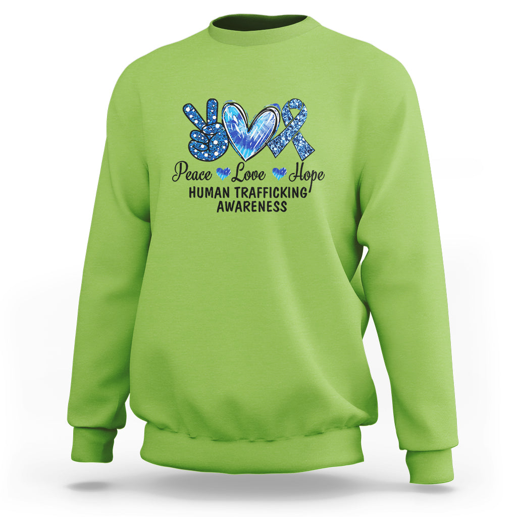 Human trafficking awareness sweatshirt in lime green with Peace Love Hope heart graphic