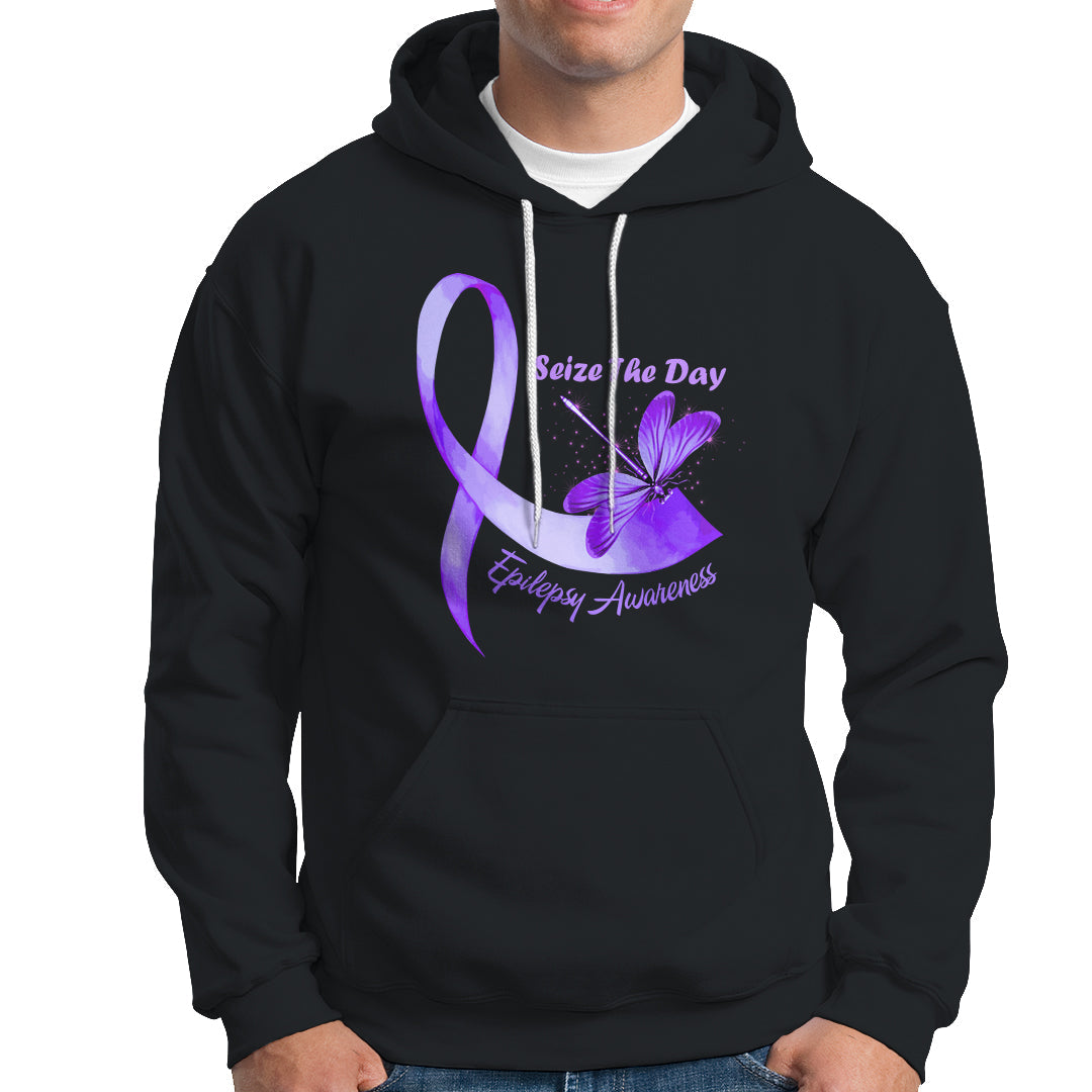 Epilepsy Awareness Day Hoodie Seize The Dad with Purple Ribbon and Dragonfly - Wonder Print Shop