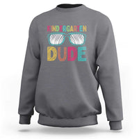 Charcoal gray kids crewneck sweatshirt with “Kindergarten Dude” graphic and sunglasses.