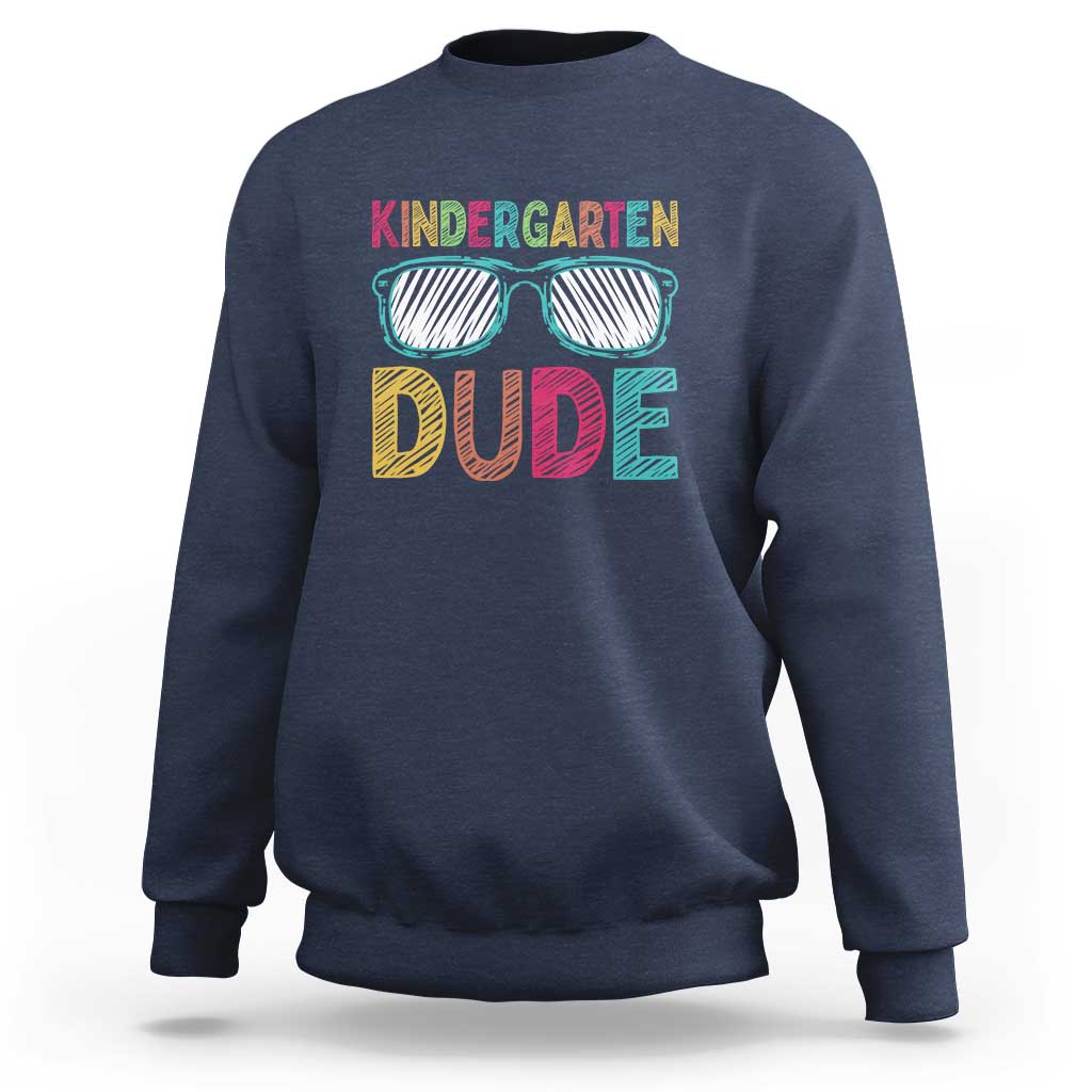 Navy kids crewneck sweatshirt with “Kindergarten Dude” text and sunglasses graphic.