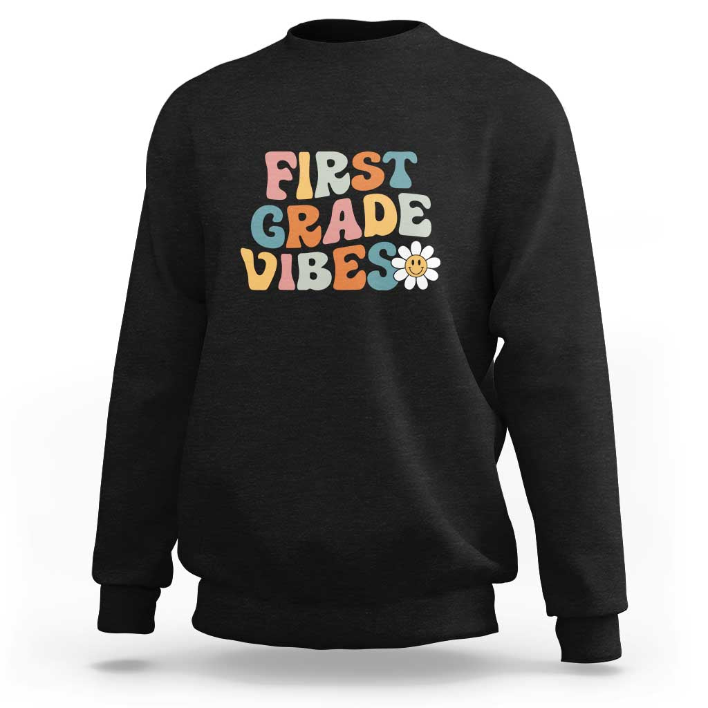 Black kids sweatshirt with crew neck and “First Grade Vibes” multicolor graphic
