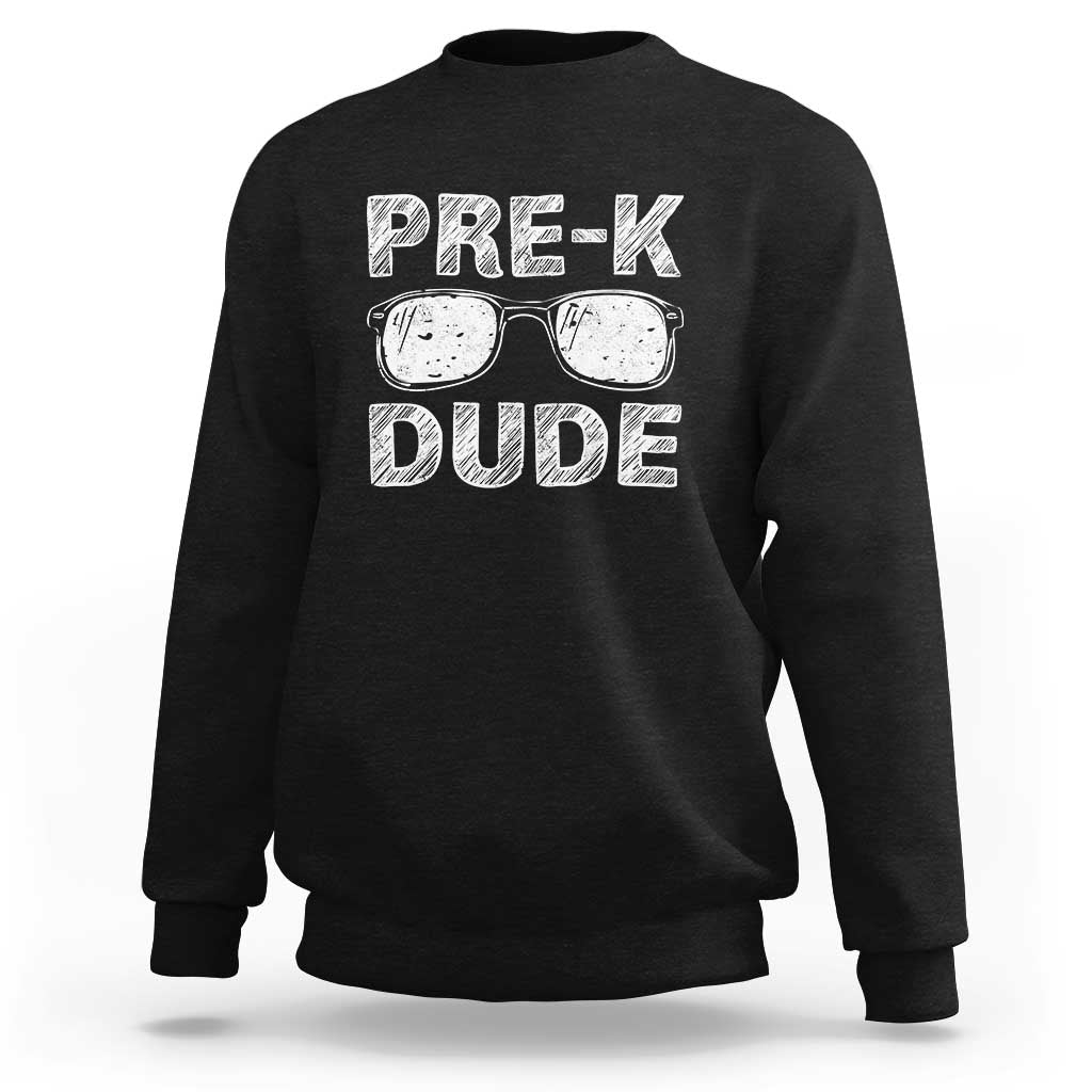 Black crewneck sweatshirt with “PRE-K DUDE” glasses graphic
