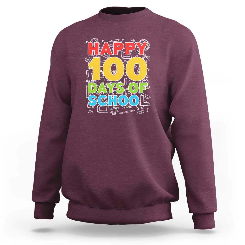 Burgundy sweatshirt with "Happy 100 Days of School" graphic on front