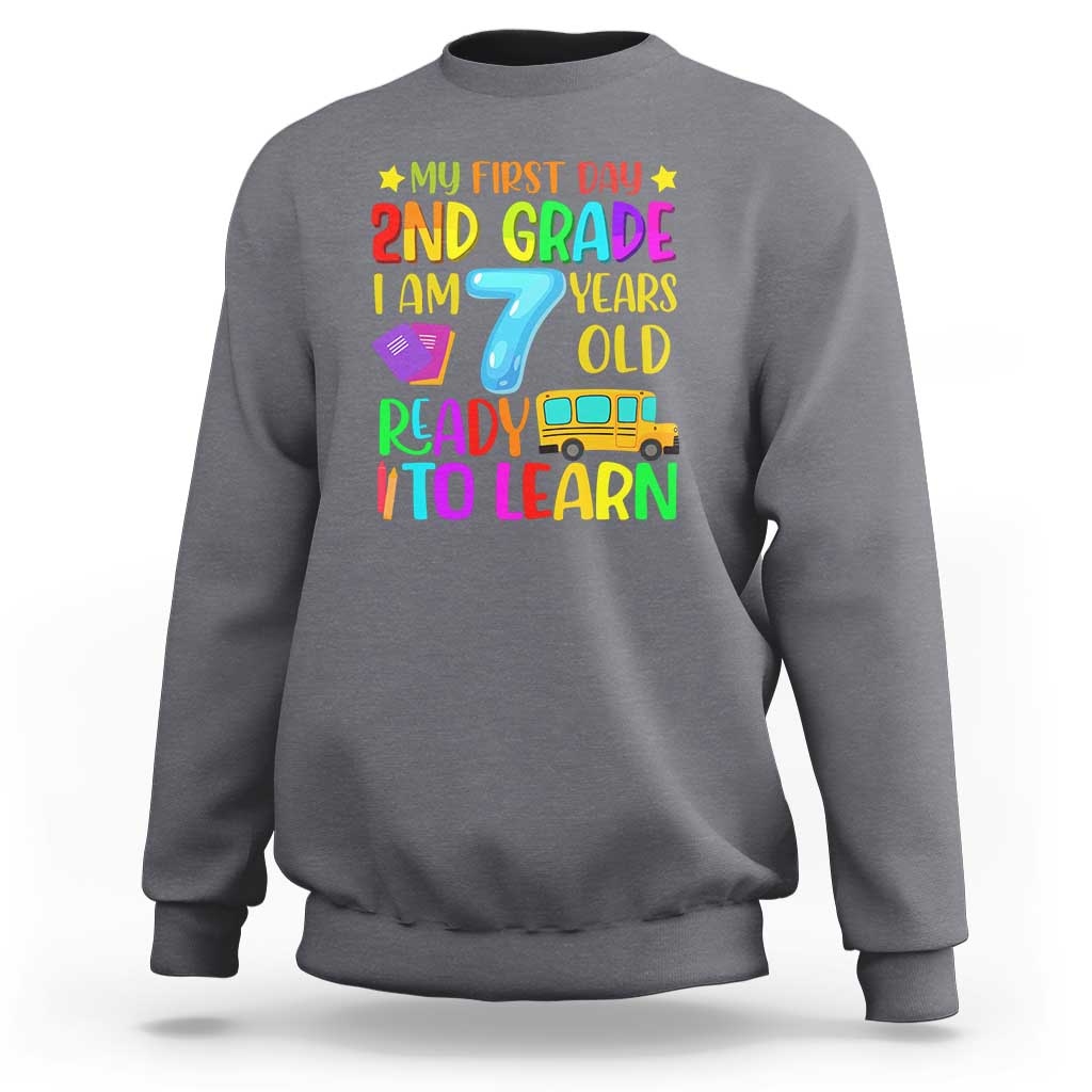 Light gray crewneck sweatshirt with colorful "My First Day 2nd Grade" graphic