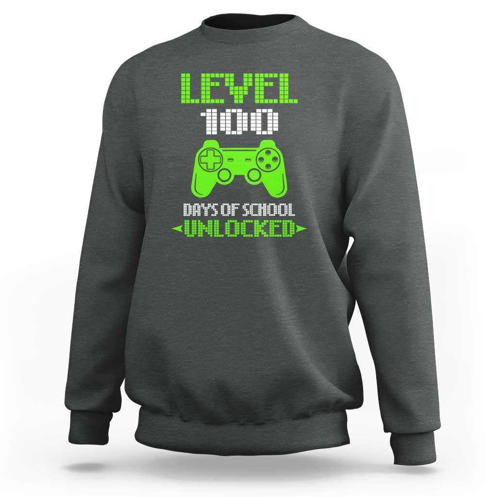 Kids 100th day sweatshirt in charcoal gray with neon green gaming controller graphic