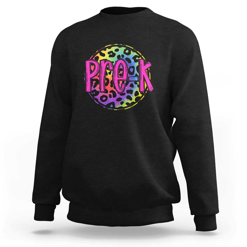 Kids black crewneck sweatshirt with neon leopard 'Pre-K' front graphic