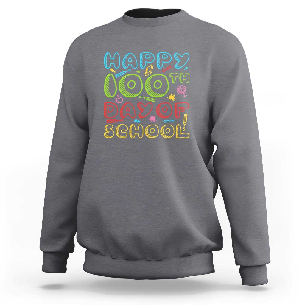 Dark heather gray crewneck sweatshirt with colorful “Happy 100th Day of School” print