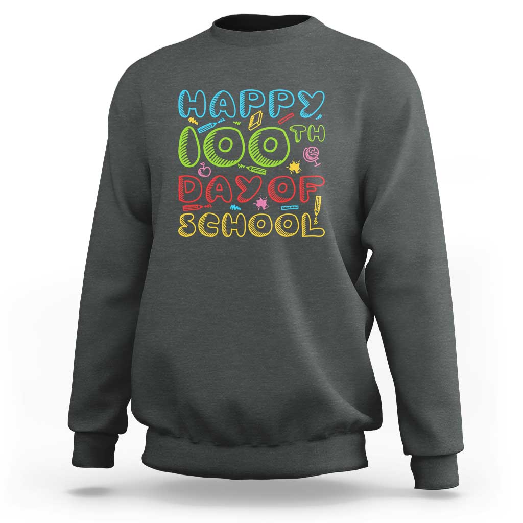 Charcoal gray crewneck sweatshirt with colorful “Happy 100th Day of School” print