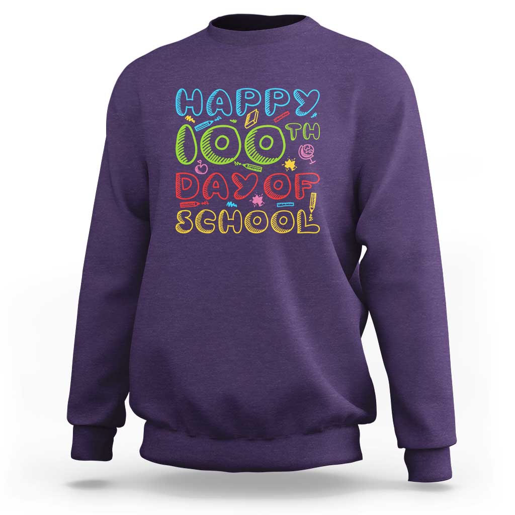 Purple crewneck sweatshirt with colorful “Happy 100th Day of School” print