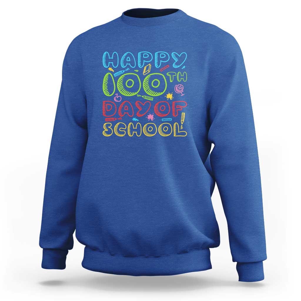 Royal blue crewneck sweatshirt with colorful “Happy 100th Day of School” print
