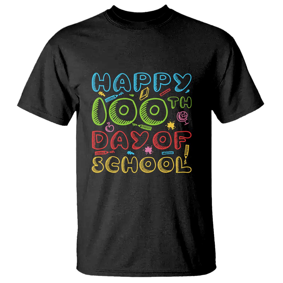 Black crewneck t-shirt with colorful 'Happy 100th Day of School' graphic