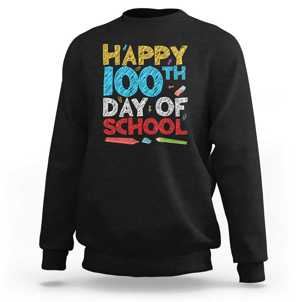 Black sweatshirt with 'Happy 100th Day of School' colorful front print.