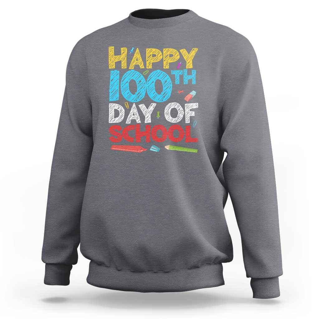 Charcoal gray sweatshirt with 'Happy 100th Day of School' colorful front print.