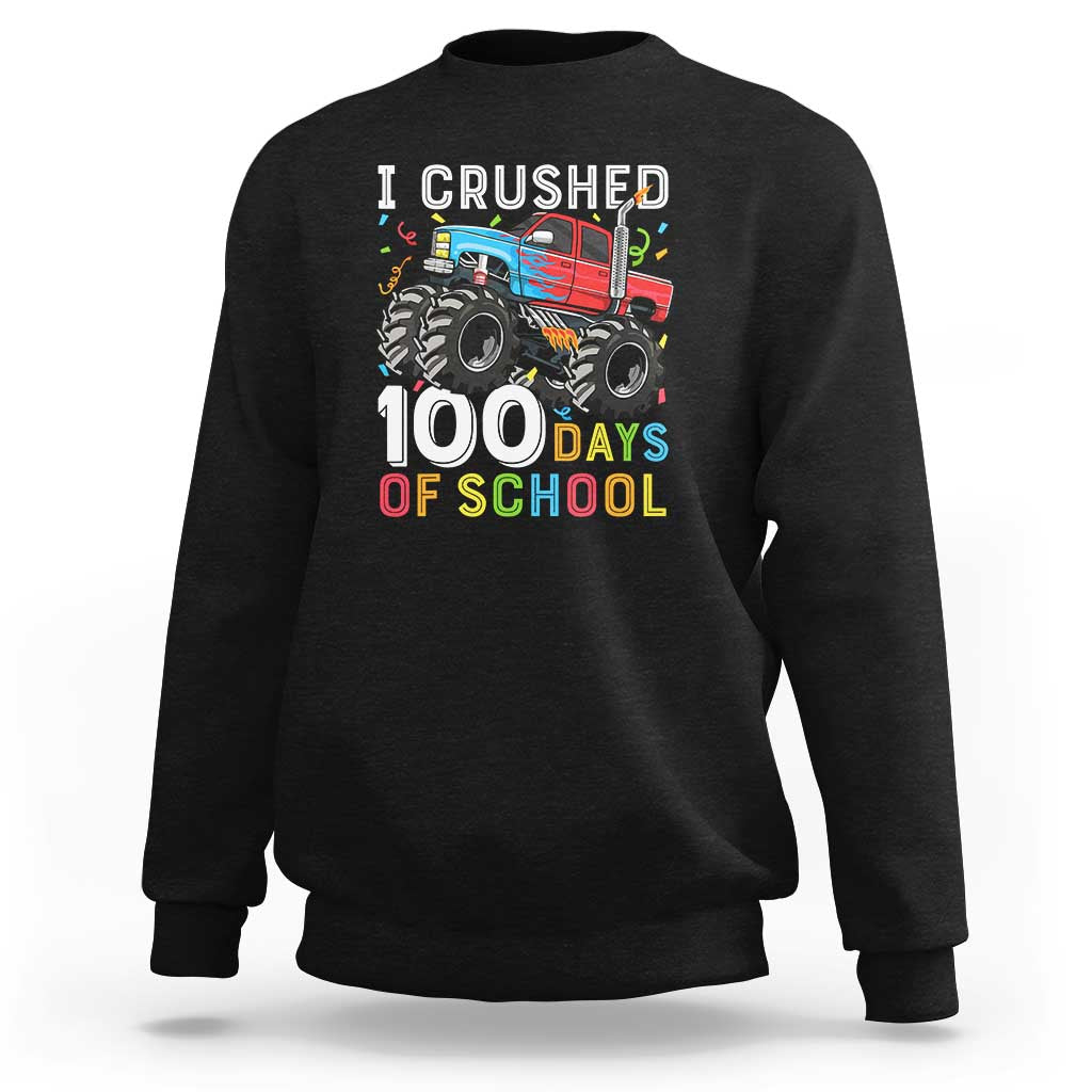 Boys monster truck sweatshirt in black, crewneck with 'I crushed 100 days of school' graphic
