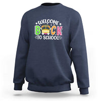 Navy crewneck sweatshirt with 'Welcome Back to School' bus graphic