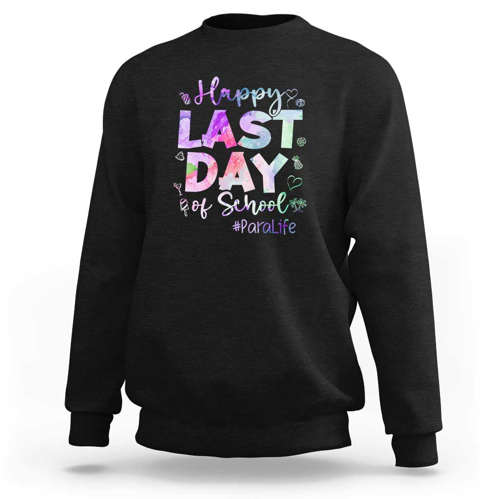 Black crewneck sweatshirt with long sleeves and colorful “Happy Last Day of School” graphic