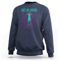 Navy crewneck sweatshirt with “GET IN LOSER” alien UFO graphic on the chest