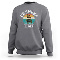 Heather gray crewneck sweatshirt with retro smoker “I’d Smoke That” graphic