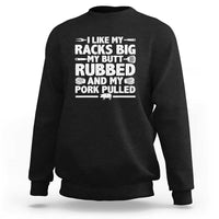 Black pullover sweatshirt with front BBQ text graphic
