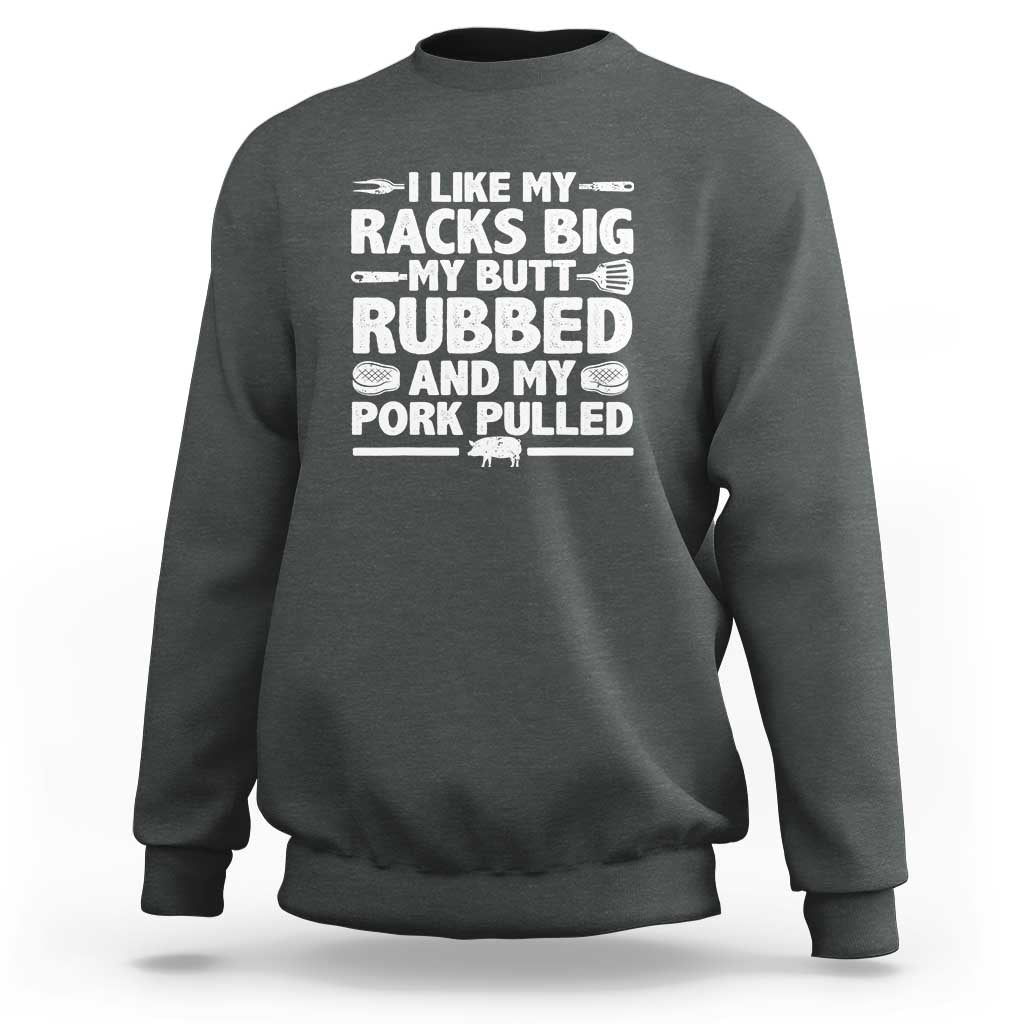 Dark gray pullover sweatshirt with front BBQ text graphic