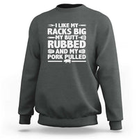 Dark gray pullover sweatshirt with front BBQ text graphic