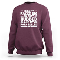 Maroon pullover sweatshirt with front BBQ text graphic