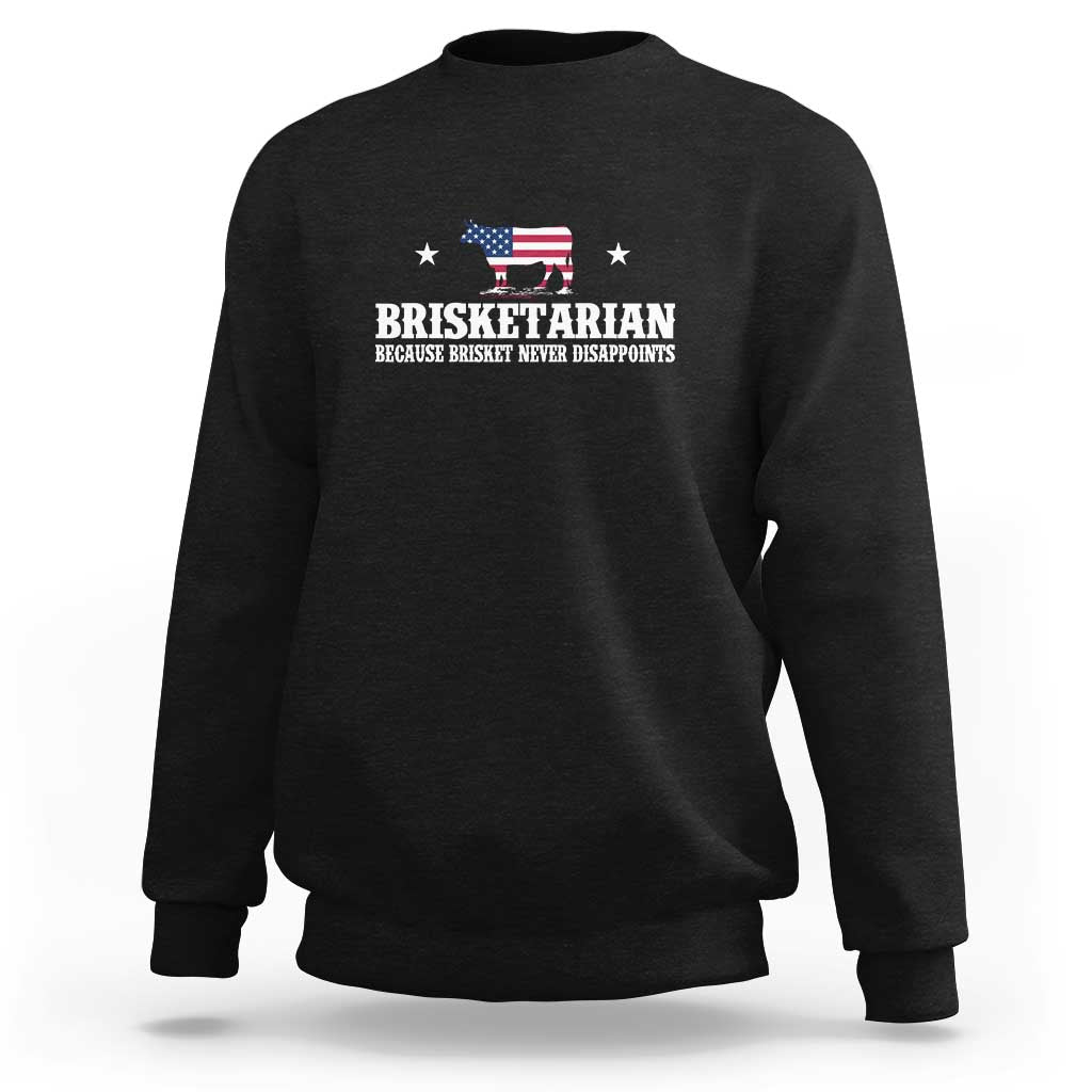 Black crewneck sweatshirt with chest “BRISKETARIAN” graphic and American flag